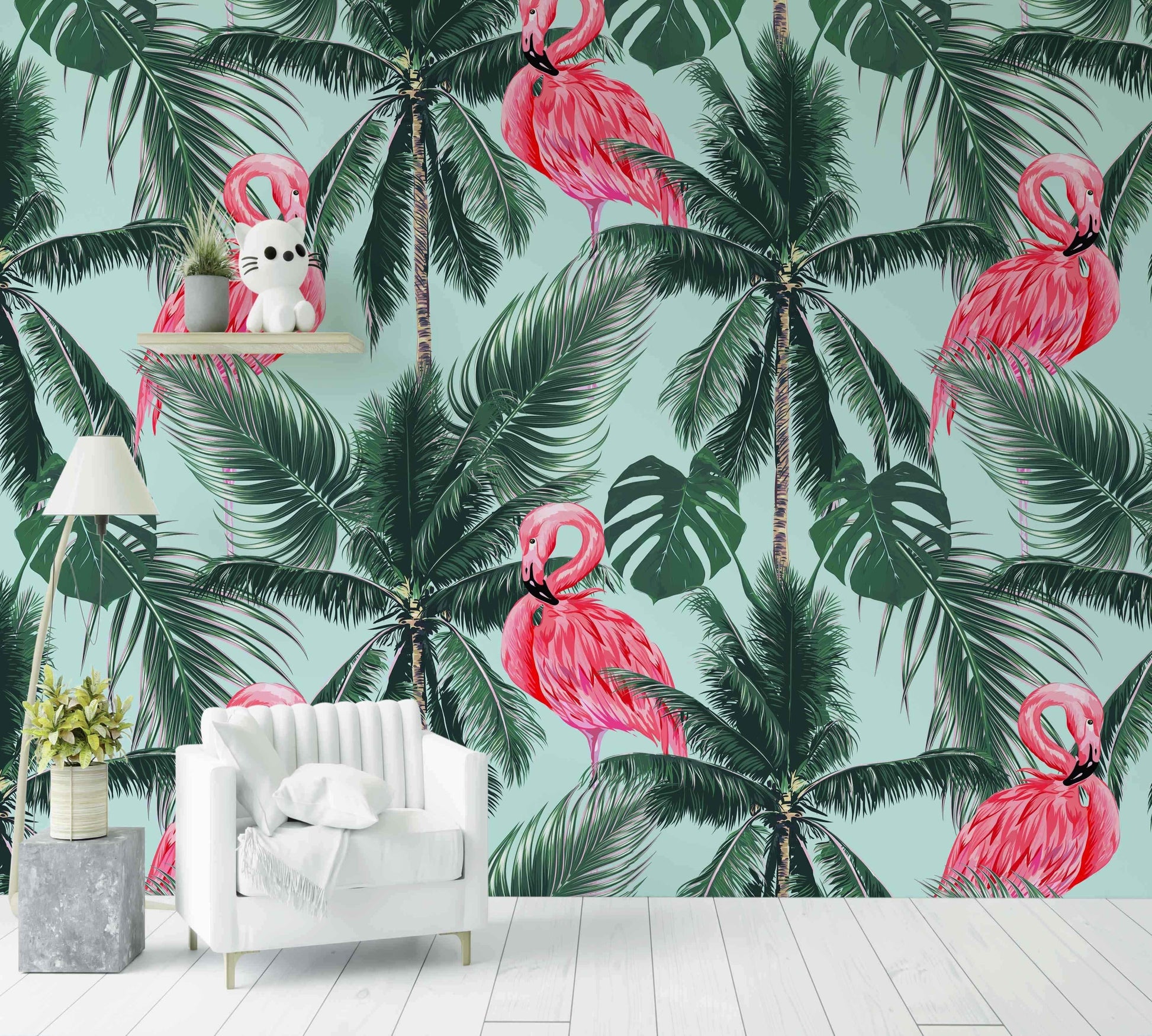 Papier peint tropical avec flamants roses et palmiers, décor mural pour salon moderne