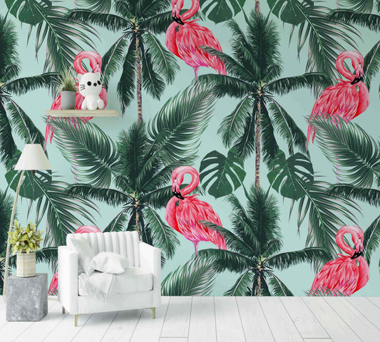 Papier peint tropical avec flamants roses et palmiers, décor mural pour salon moderne