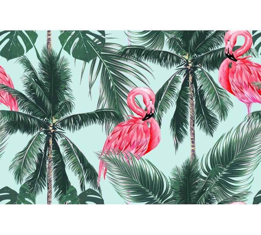 Papier peint motif flamants roses et palmiers tropicaux sur fond vert clair
