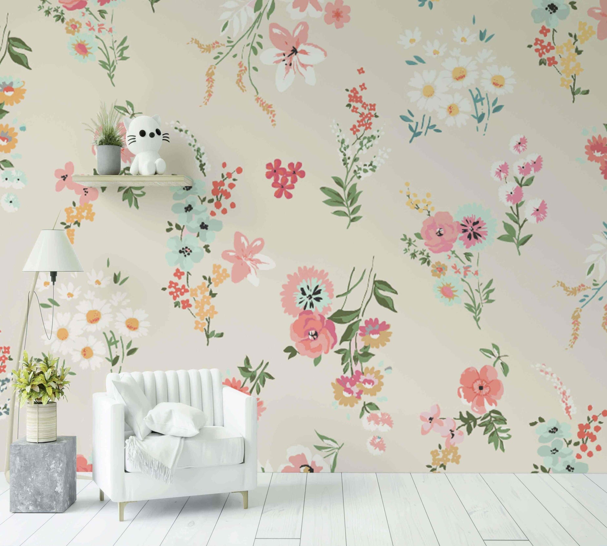 Papier peint floral pastel décoratif dans un salon moderne, motif fleurs colorées murales