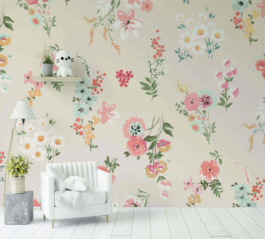 Papier peint floral pastel décoratif dans un salon moderne, motif fleurs colorées murales