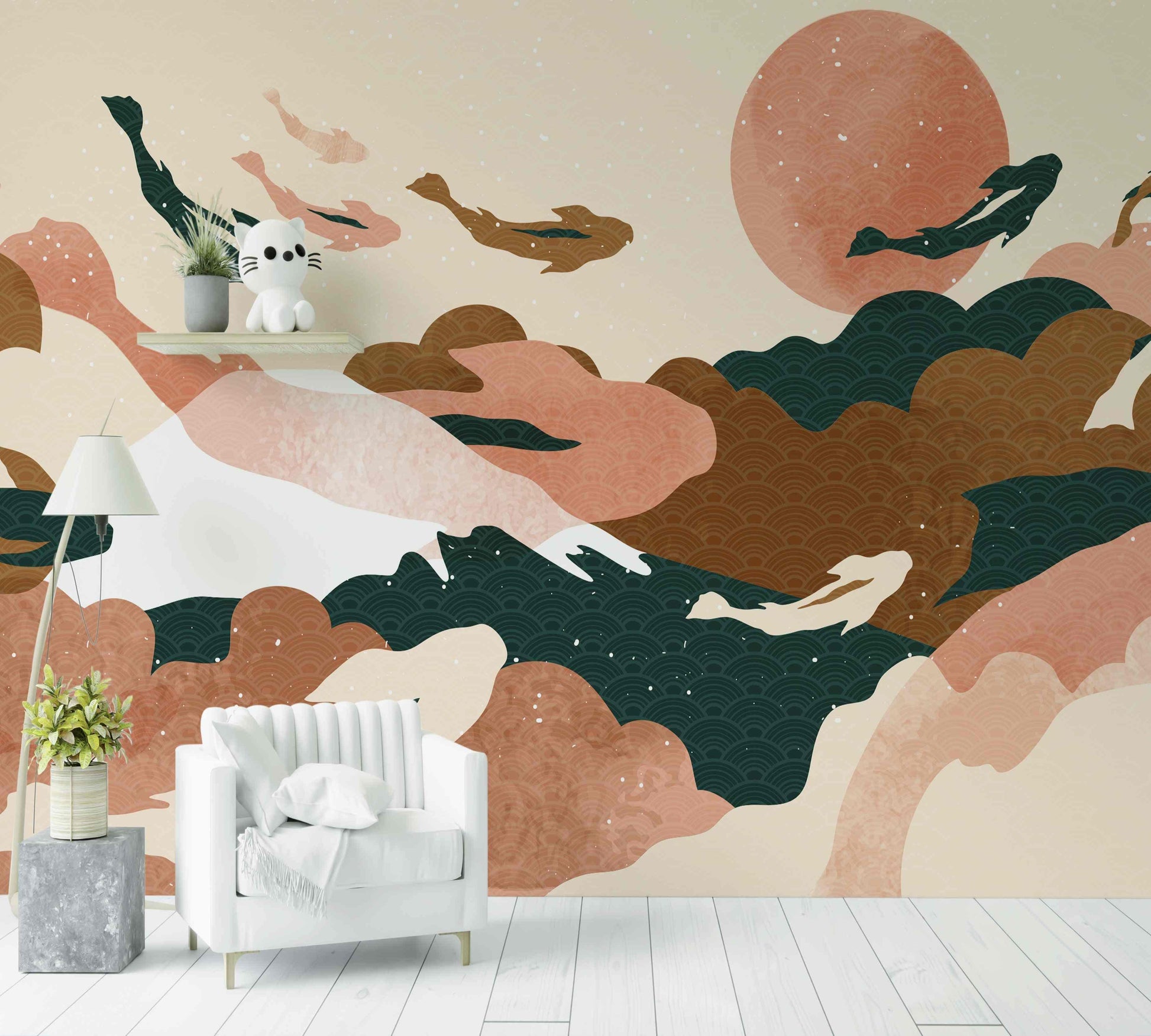 Papier peint décoratif paysage abstrait rose et vert avec poissons pour salon moderne