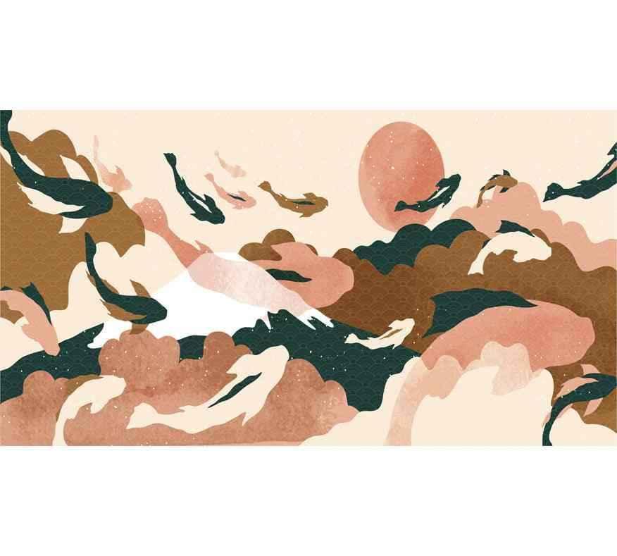 Papier peint design abstrait fond rose et vert, poissons stylisés et soleil, décor mural élégant