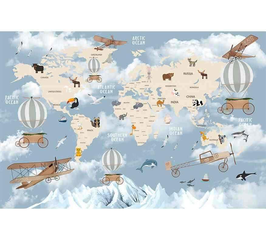 Papier peint carte du monde bleu pour chambre, décor animaux, montgolfières et avions dessinés.