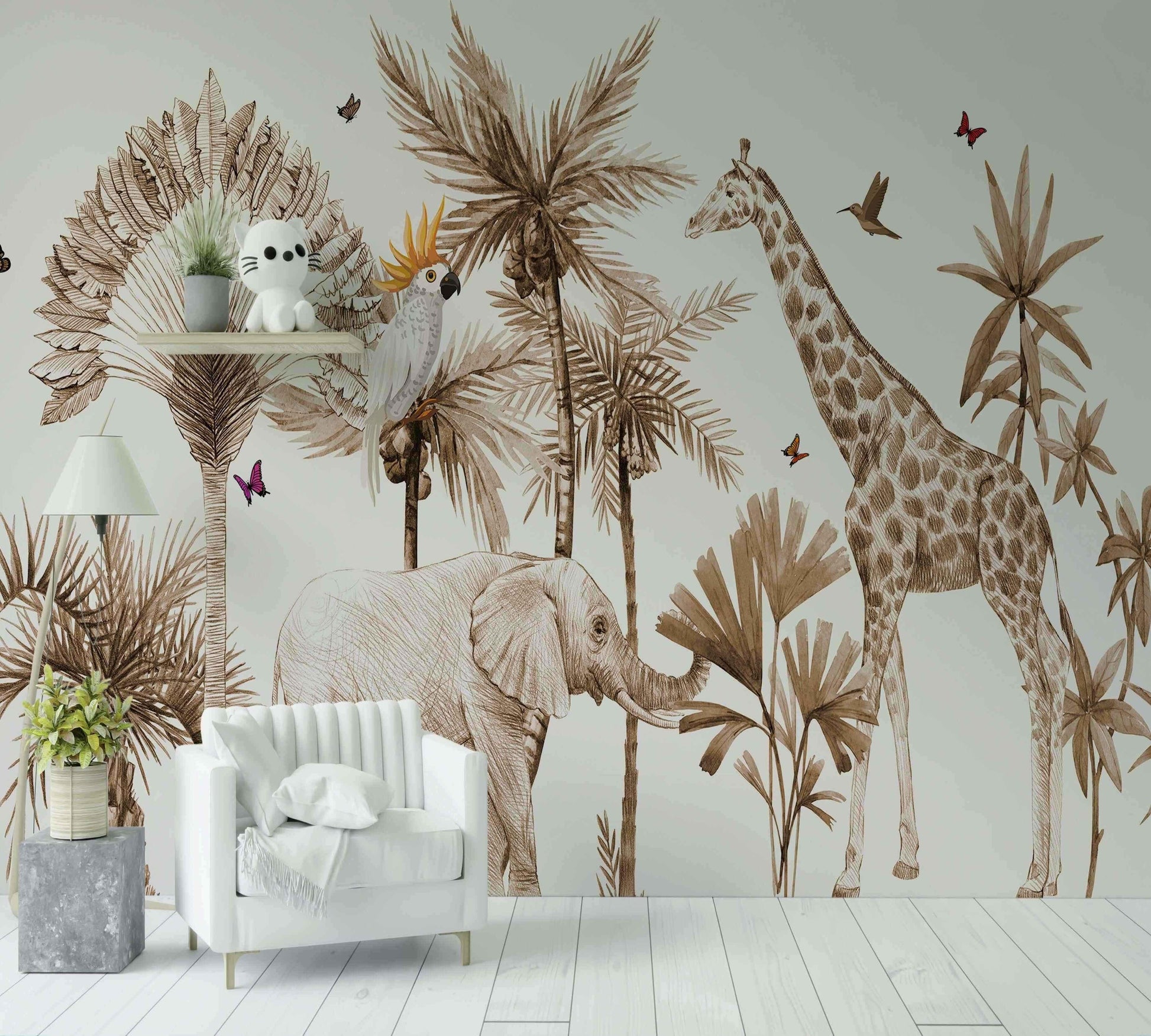 Papier peint jungle sépia avec éléphant, girafe, perroquet et feuillages tropicaux, déco salon