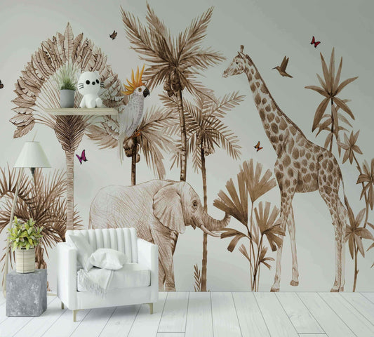 Papier peint jungle sépia avec éléphant, girafe, perroquet et feuillages tropicaux, déco salon