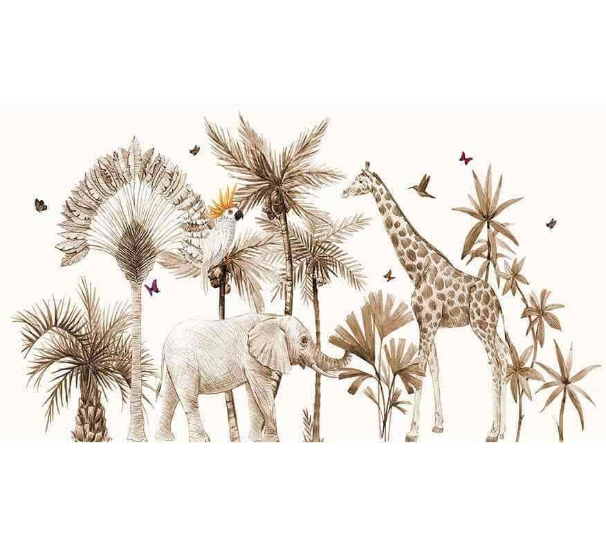 Papier peint jungle sépia avec girafe, éléphant, perroquet, palmiers et papillons décoratifs