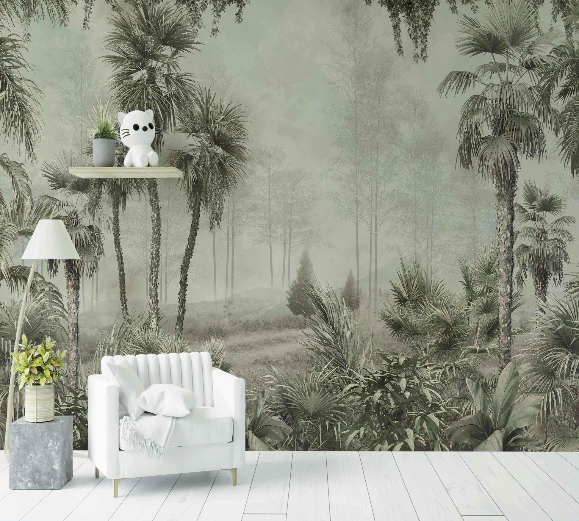 Papier peint jungle tropicale avec palmiers verts, fauteuil blanc, déco moderne salon
