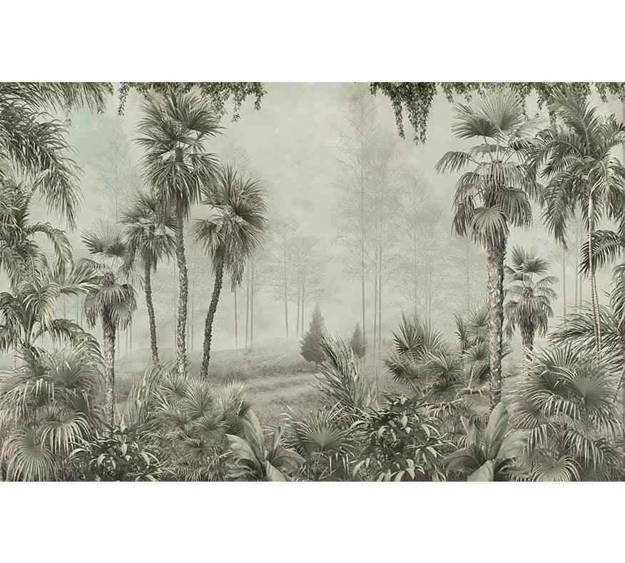 Papier peint panoramique jungle vintage, palmiers et feuillage exotique en tons neutres