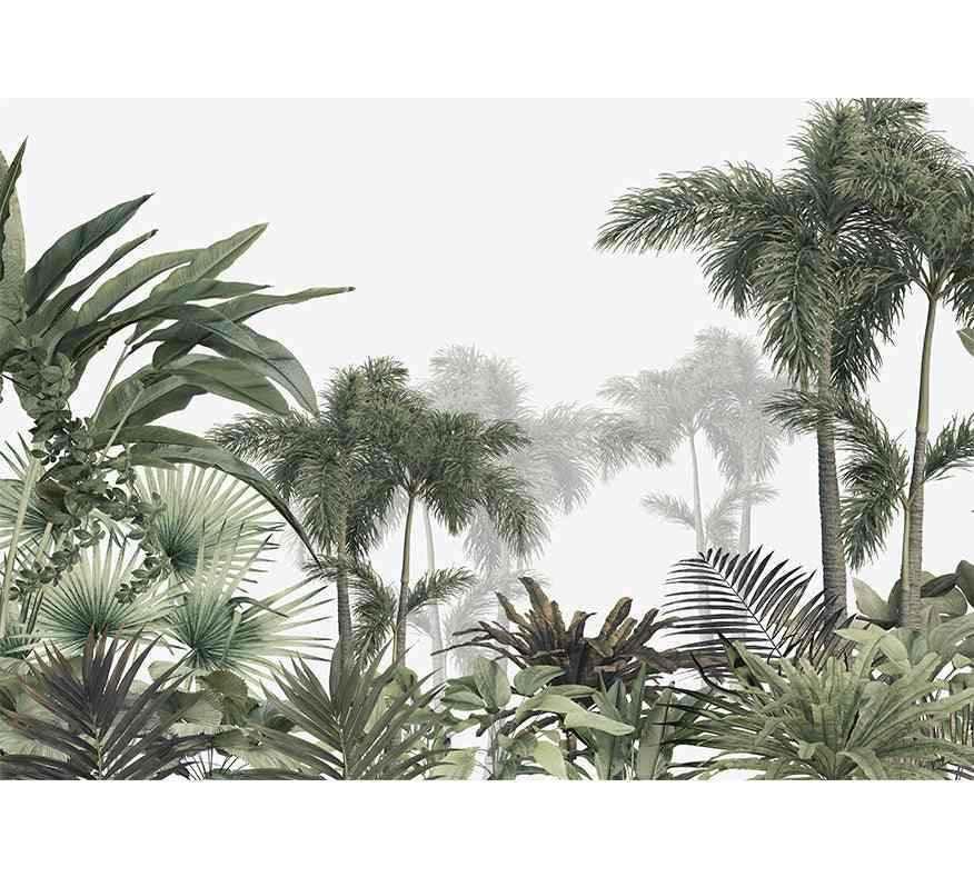 Papier peint jungle tropicale avec palmiers et feuillages verts, décor mural exotique.