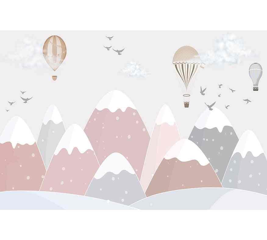 Papier peint montagne rose pastel avec montgolfières, nuages et oiseaux, décor mural enfant