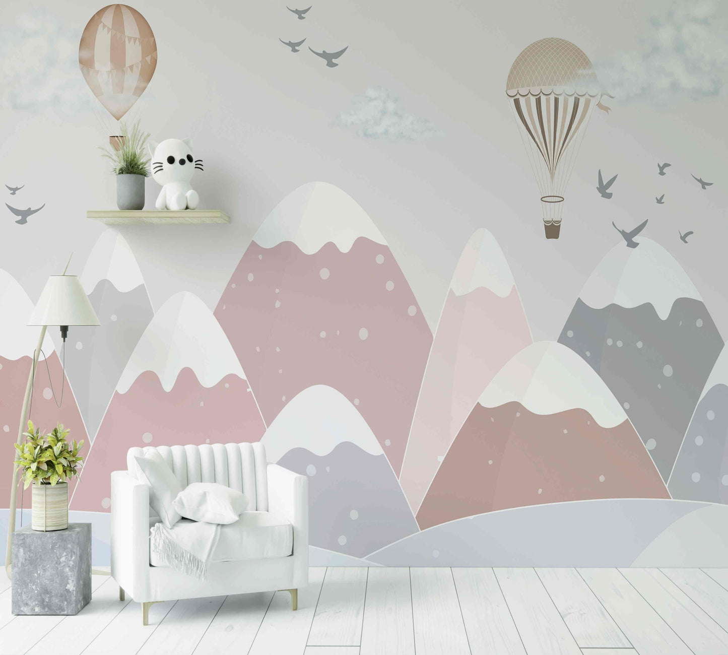 Papier peint mural montagnes roses, montgolfières et oiseaux pour chambre enfant moderne