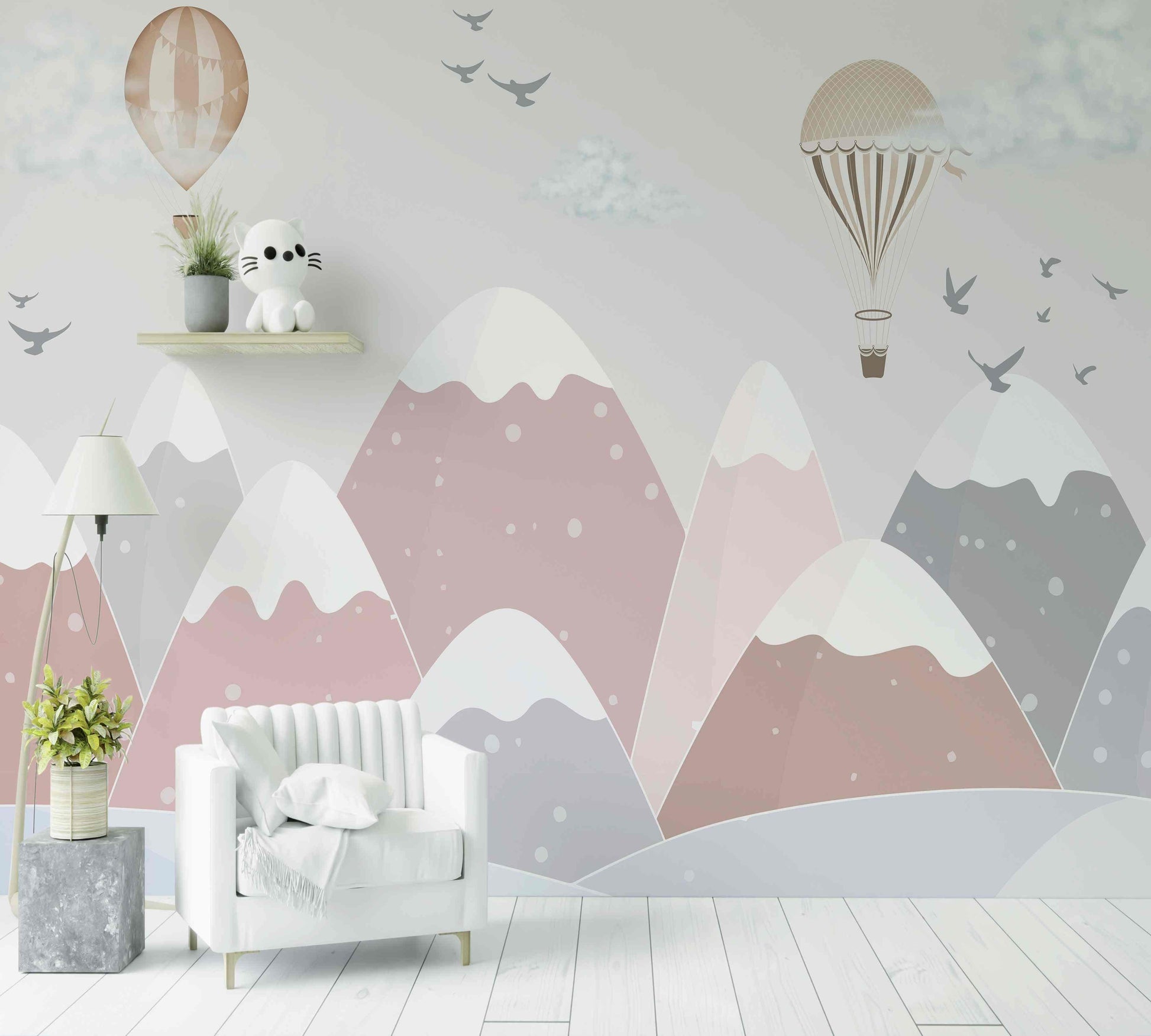 Papier peint mural montagnes roses, montgolfières et oiseaux pour chambre enfant moderne
