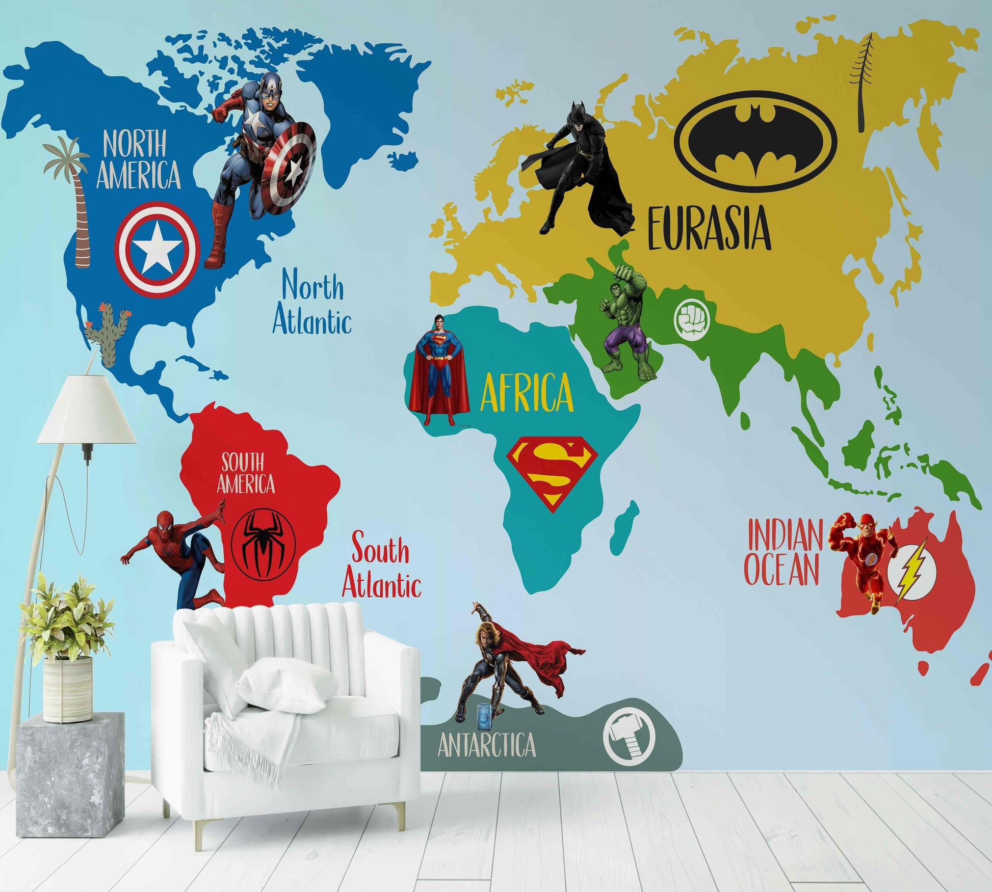 Papier peint enfant carte du monde avec super-héros colorés, inspirant et déco chambre