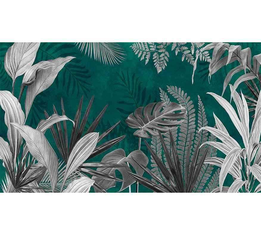 Papier peint botanique vintage fond vert motifs feuilles tropicales décor mur intérieur