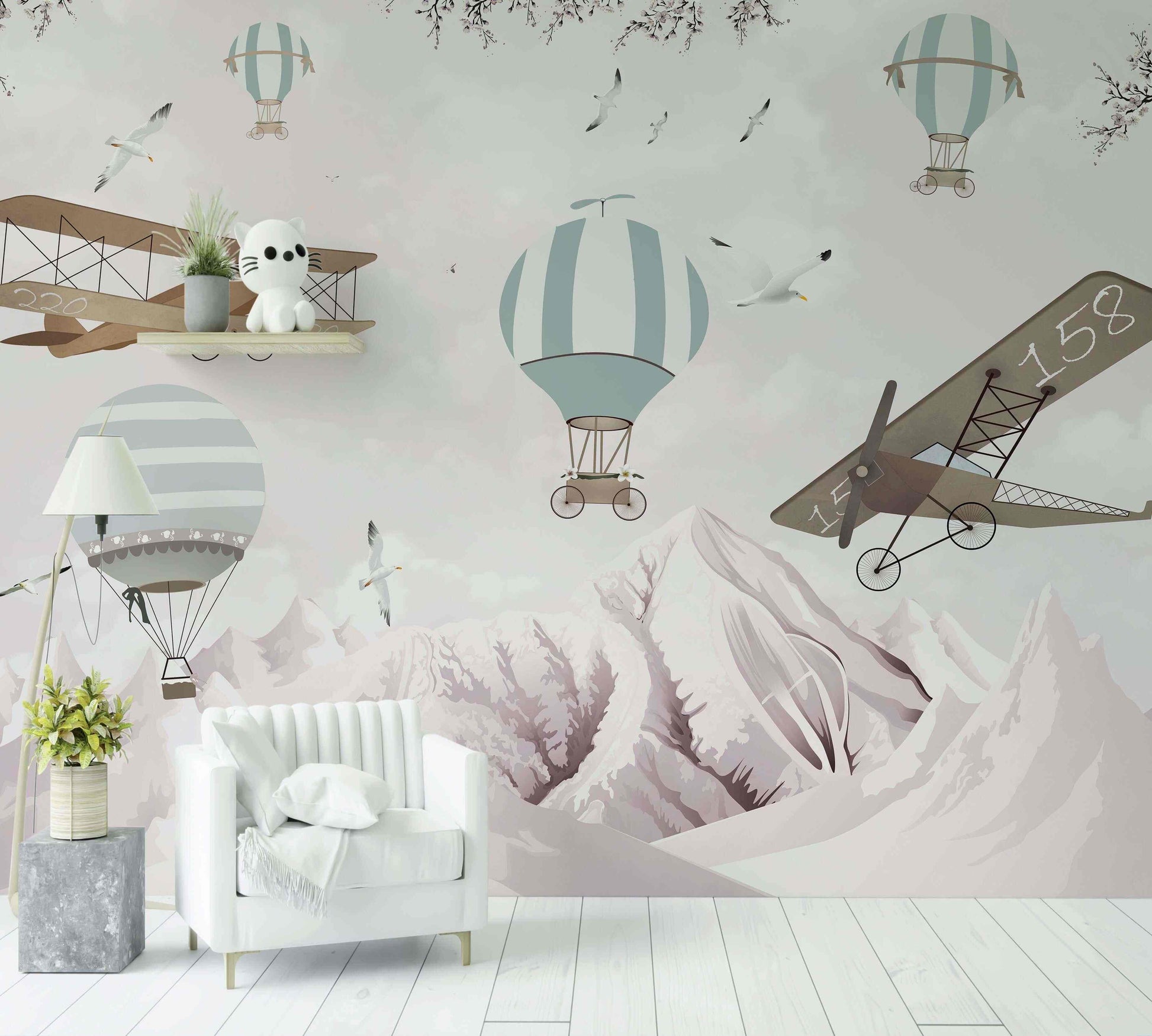 Papier peint mural enfant motif montgolfières, avions vintage et montagnes décoratives