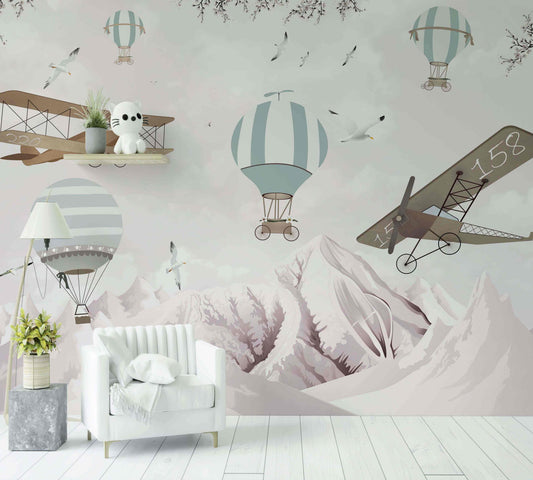 Papier peint mural enfant motif montgolfières, avions vintage et montagnes décoratives