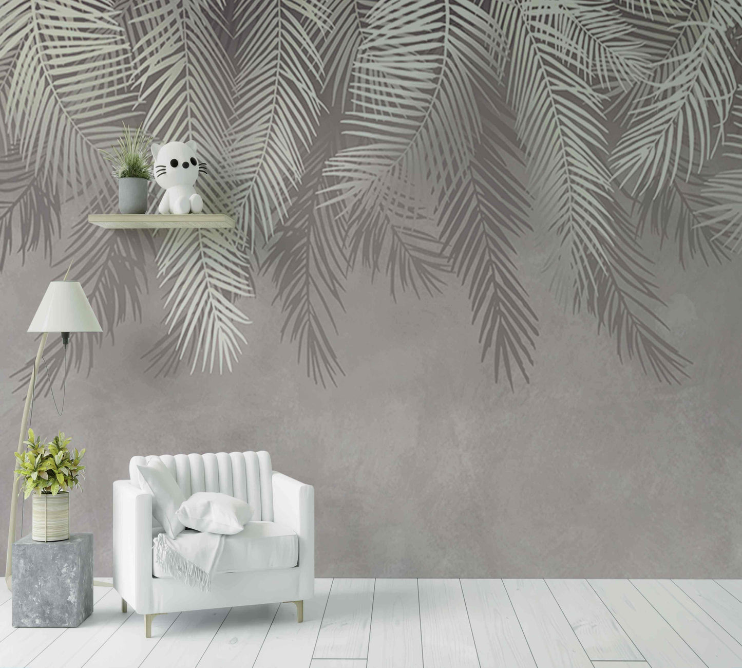 Papier peint feuilles de palmier blanches sur mur gris, décoration salon moderne