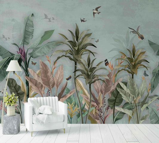 Papier peint tropical forêt colorée, plantes exotiques, oiseaux et papillons, déco salon
