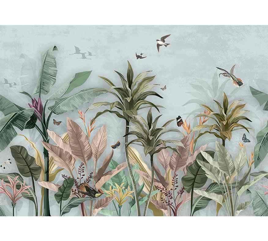 Papier peint jungle tropicale avec plantes exotiques, palmiers, oiseaux et papillons colorés