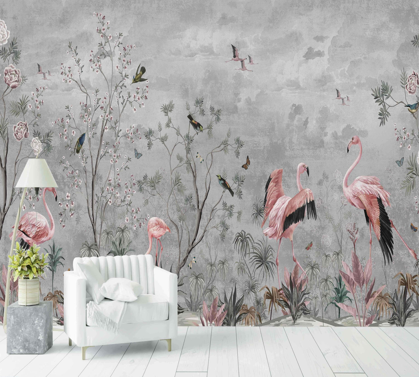 Papier peint tropical avec flamants roses, oiseaux exotiques et feuillage, salon moderne