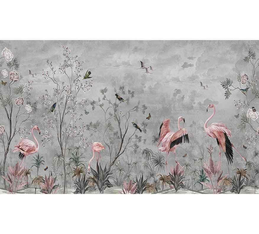 Papier peint tropical avec flamants roses, oiseaux et plantes exotiques sur fond gris.