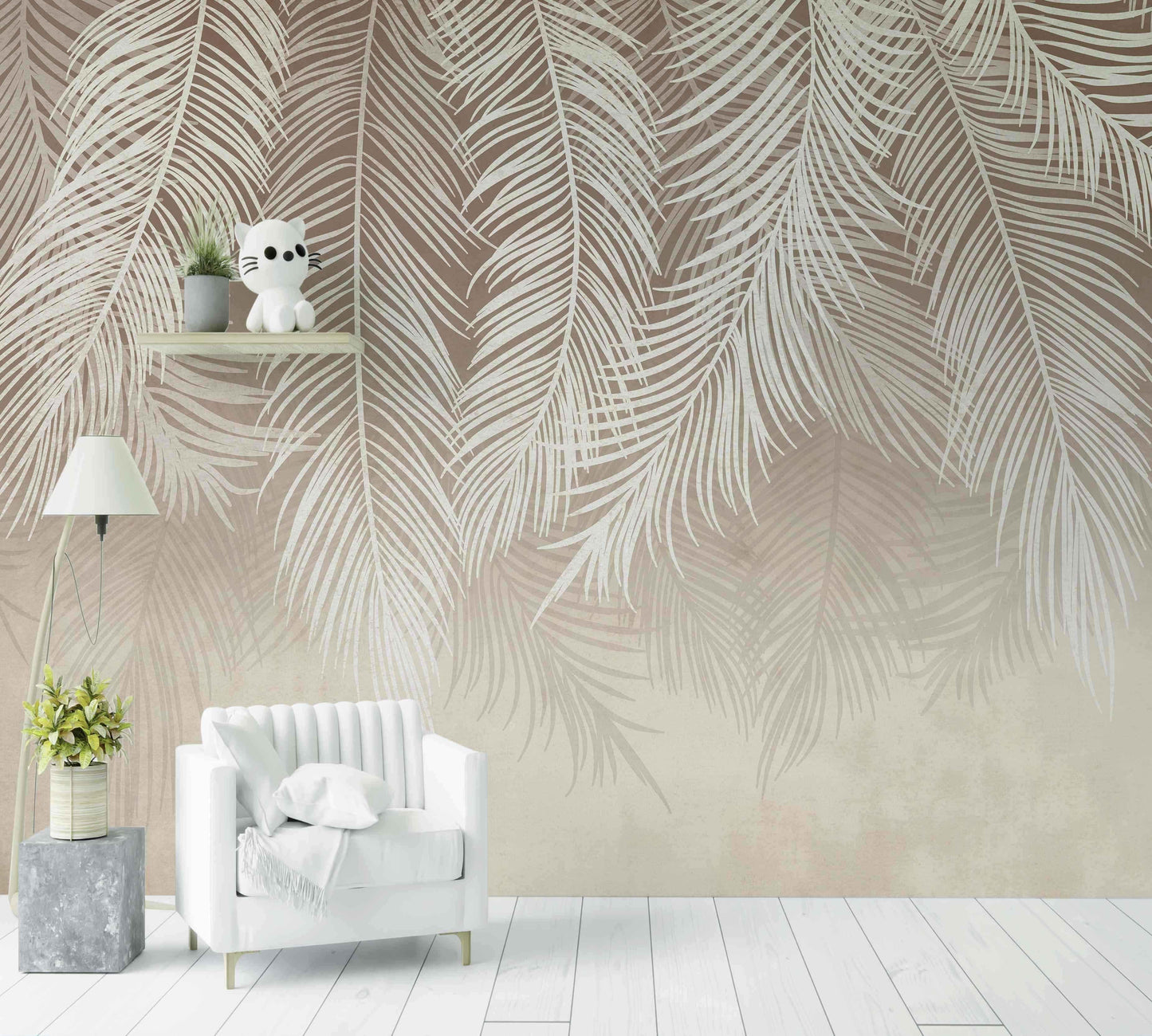 Papier peint motif feuilles de palmier blanc et beige dans un salon moderne lumineux