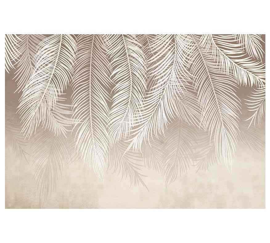 Papier peint beige avec motif feuilles de palmier blanches, déco murale élégante pour salon ou chambre