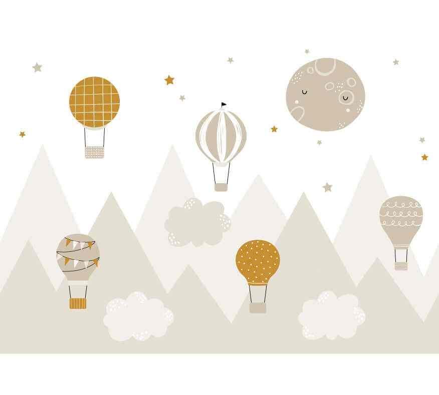 Papier peint enfant montgolfières marron, nuages et montagnes, décor mural chambre