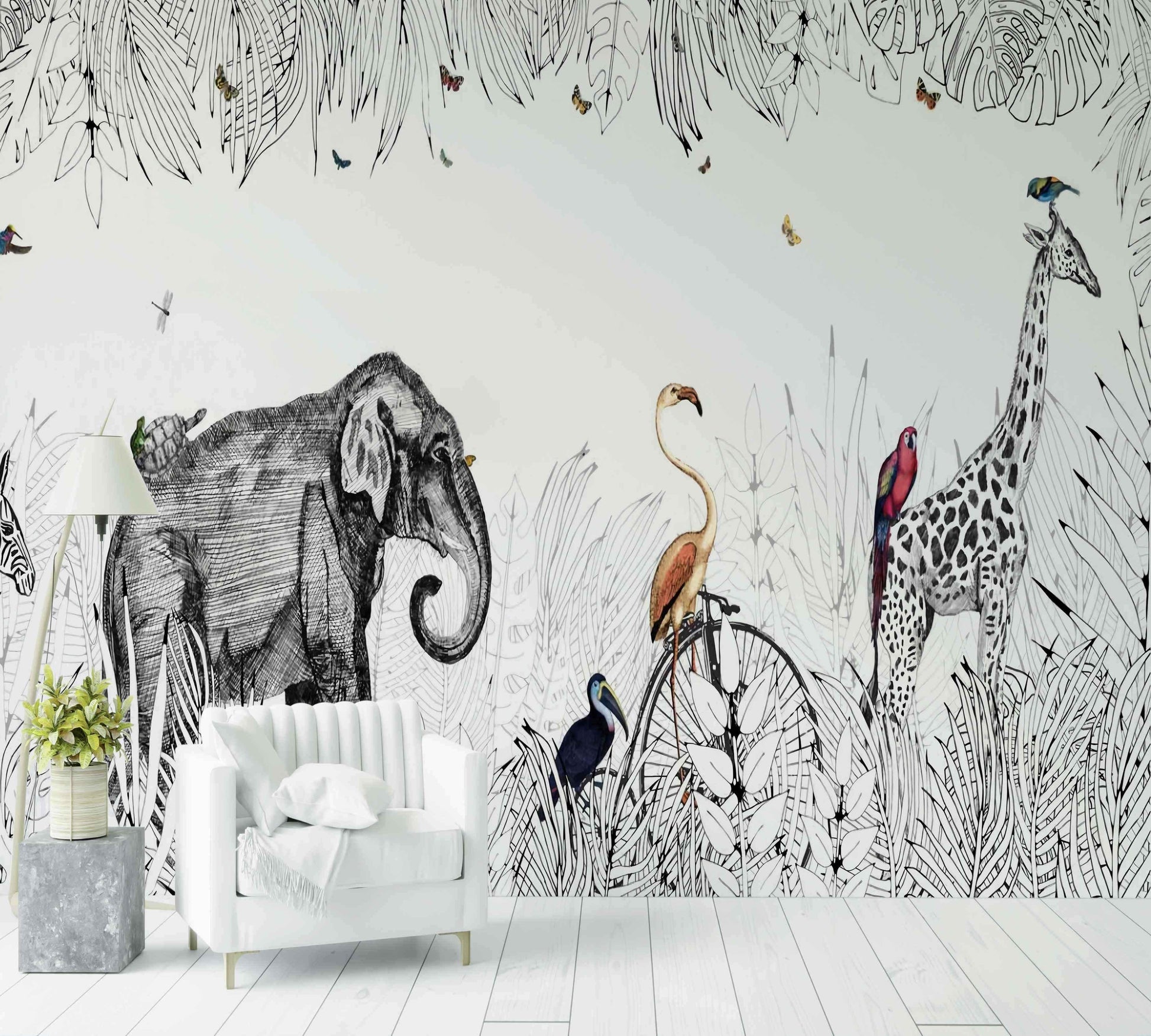 Papier peint panoramique salon animaux jungle éléphant girafe flamant décor mural design