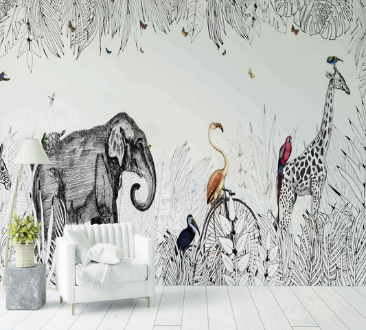 Papier peint panoramique salon animaux jungle éléphant girafe flamant décor mural design