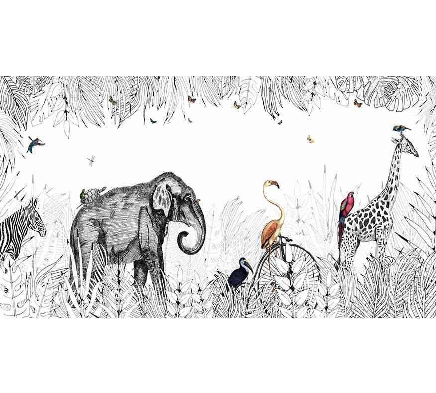 Papier peint jungle noir et blanc avec éléphant, girafe, flamant, zèbre et oiseaux décoratifs